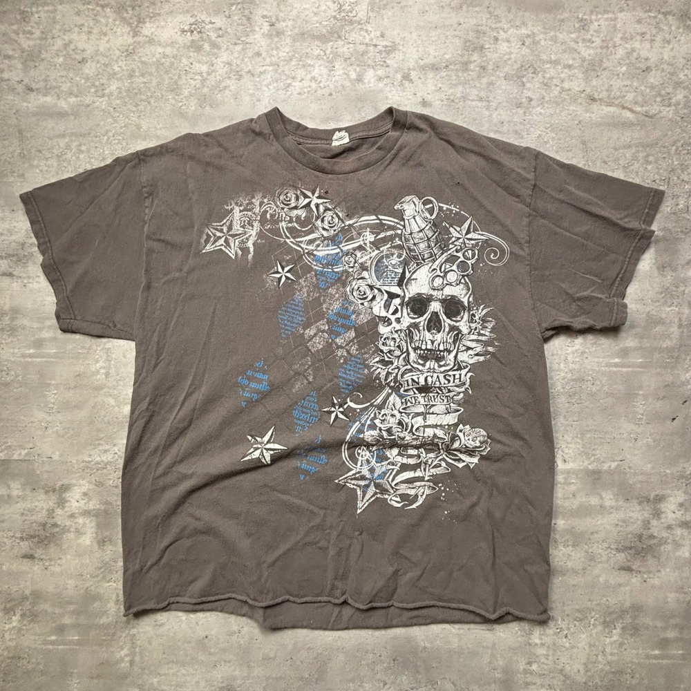 Delta Pro Weight T-Shirt Large Gray Y2K Skull Grenade Graphic Distressed Tee